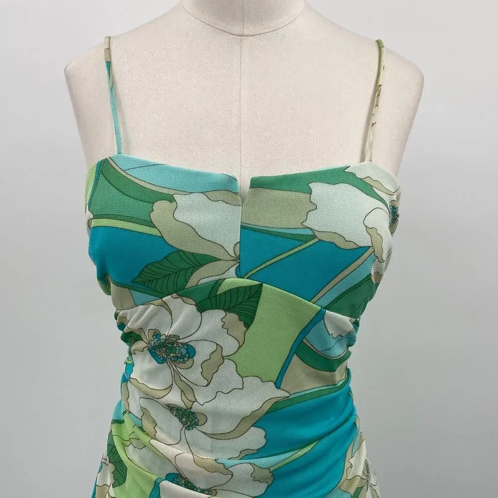 Vintage Y2k City Triangles Retro Floral Mini Dress Ruffled Hem Stretchy Mesh XS - Picture 4 of 8